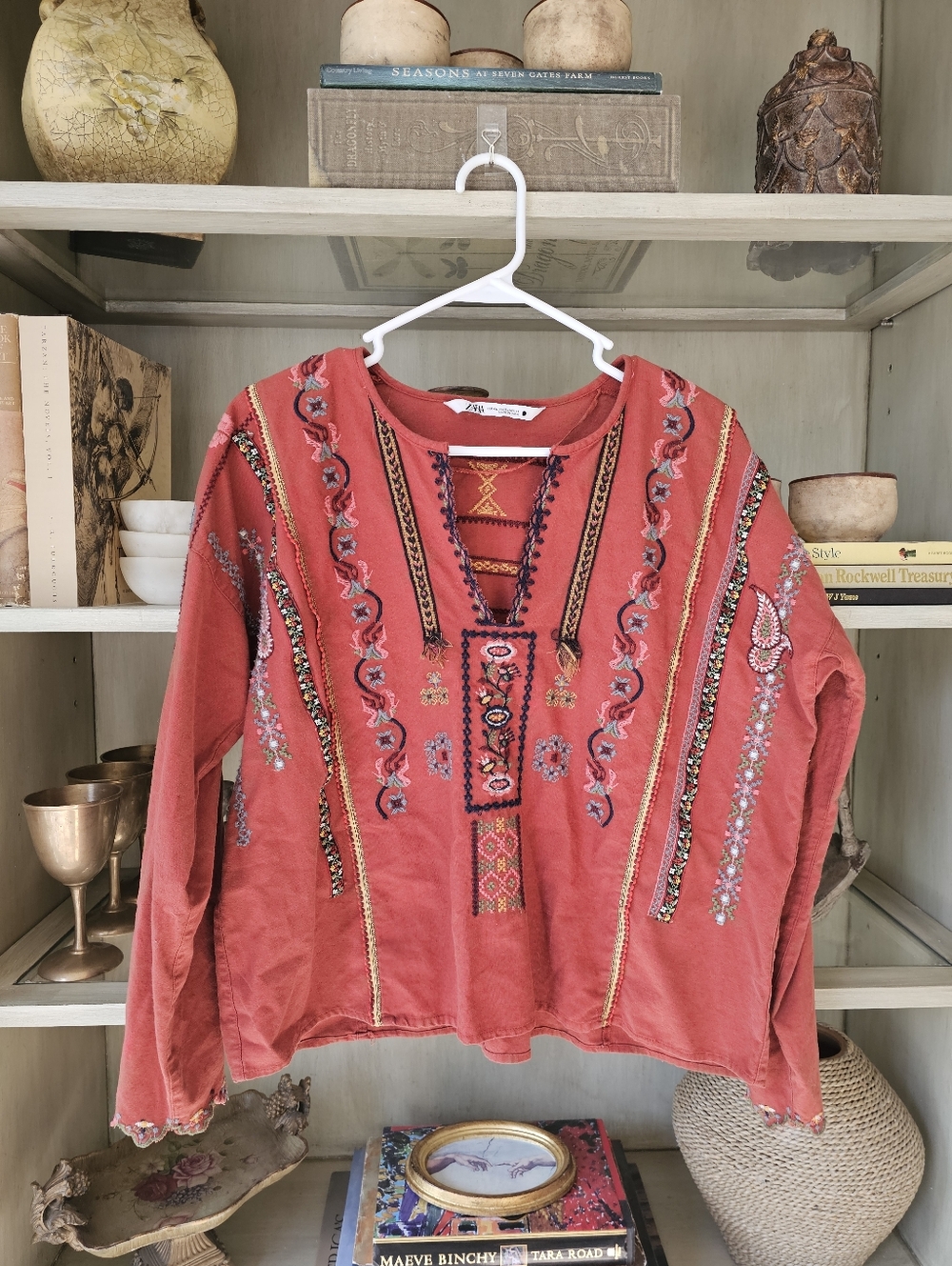 Zara Linen Bkend Burnt Orange Embroidered Tassel Shirt - Picture 7 of 8